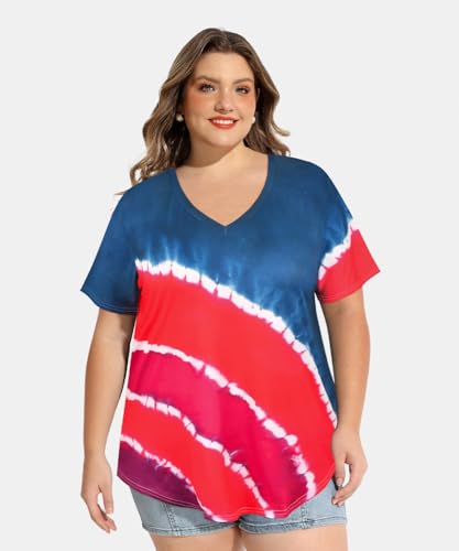 Image of RITERA Women Plus Size Tops Tie Dye V Neck Shirt Floral Camo Summer Short Sleeve Tunic Oversized Ladies Blouse XL-5XL