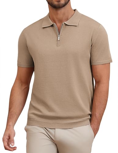 COOFANDY Polo à manches courtes pour homme avec fermeture éclair d'été en tricot rafraîchissant polo t-shirt chemise polo shirts de golf, kaki, L