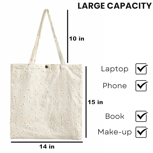 Image of Women's Floral Embroidered Tote Bag with Pocket flowers embroidery crossbody shoulder bag beach cute handbag canvas