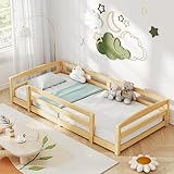 NAIZEA Floor Bed Twin Size, Wood Montessori Bed Frame with Fence and Wood Slats, Kids Montessori Floor Bed for Girls and Boys
