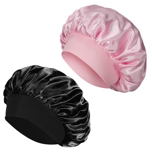 2 Pièces Bonnet Satin Cheveux Nuit, Doux Bonnet en Satin Respirant Soins Les Cheveux (Noir, Rose)