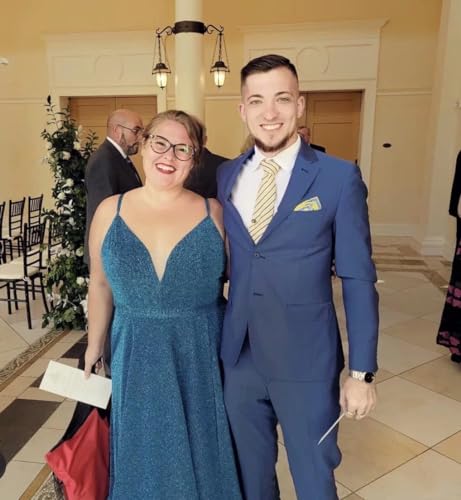 Image of Women's Glittery Spaghetti V-Neck Prom Dresses Long A Line Bridesmaid Dresses Side Split Formal Evening Gowns Dusty Blue,US10