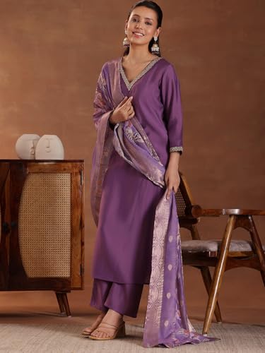 Image of Libas Womens Embellished Silk Blend Straight Kurta With Trousers and Dupatta | ethnic wear | bridal suit | wedding dress | occasion wear