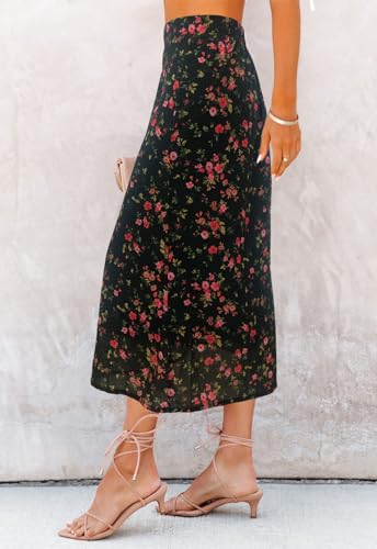 Image of HERBATOMIA Women's Floral Print Midi Skirt Casual High Elastic Waist Zipper Vintage Long Boho Skirts for Women