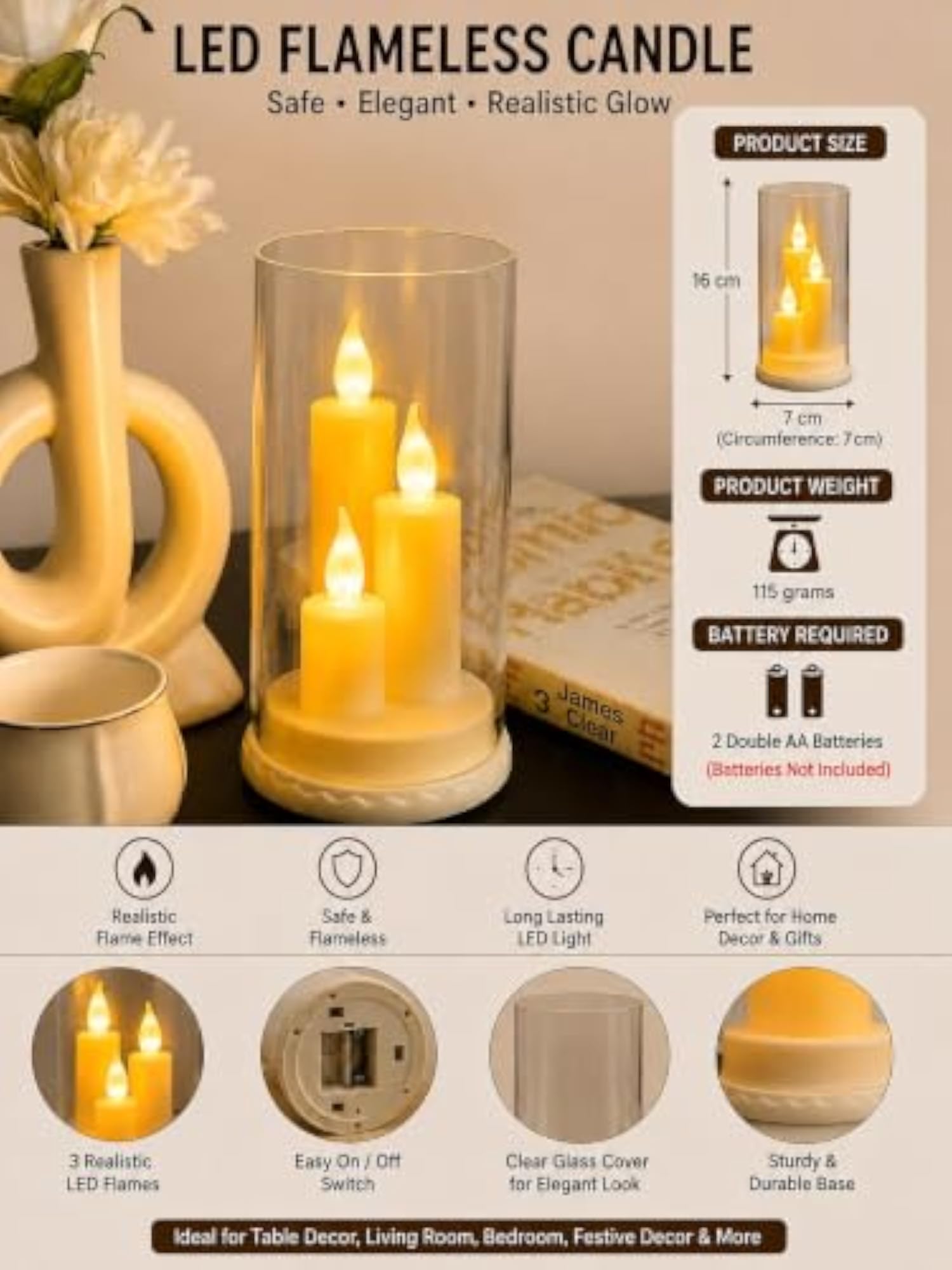LED Flameless Candle Lamp with Cover, Decorative Table Light