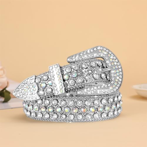 Rhinestone Waist Belt Women Statement Faux Leather with Rivet Silver M4