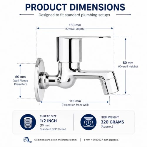 Image of Furiq Bath F-Series Brass Long Body Bib Cock Tap for Bathroom & Kitchen | Chrome Plated Wall Mounted Faucet | Quarter Turn Handle | Rust Proof & Leak Resistant | 1 /2 Inch BSP Thread