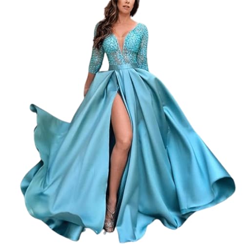 FGRID Vestido de Fiesta de Manga Larga con Cuello en V para Mujer, Elegante Vestido de Fiesta de Raso hasta el Muslo, Vestido de Fiesta Formal de Dama de Honor de Boda,Cyan,5XL