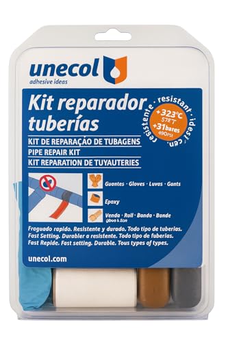 Unecol - Kit Reparador de Tuberías Profesional | Resiste hasta 320 °C y 30 bar | Incluye Masilla Epoxi, Guantes y Venda de Fibra de Vidrio | Reparación Urgente para PVC, Cobre, Acero y Piscinas