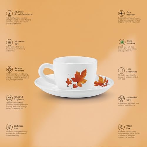 Image of Treo By Milton Opalware Ophelia 13 Mapelle Cup & Saucer Set | Microwave & Dishwasher Safe | Bone-Ash Free | Tempered Toughness | Set of 12 | White | Crockery Set for Daily Use & Gifting