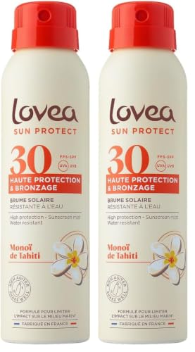 LOVEA - Brume FPS 30 Haute Protection Solaire UVA-UVB & Bronzage - Monoï de Tahiti - Visage & Corps - Résistante à l'eau - Fini Invisible - Testé Dermatologiquement - Fabriqué en France - 150ml
