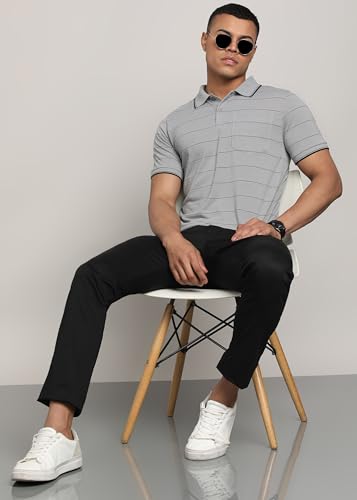 Image of INKKR Men Striped Polo Neck Cotton Blend T-Shirt