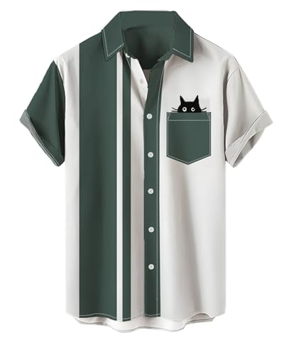 QIVICIMA - QIVICIMA Chemise de bowling rétro pour homme - Style années 50 - Avec boutons et blocs de couleurs - Chemise active avec imprimé flamant rose, Vert, XS