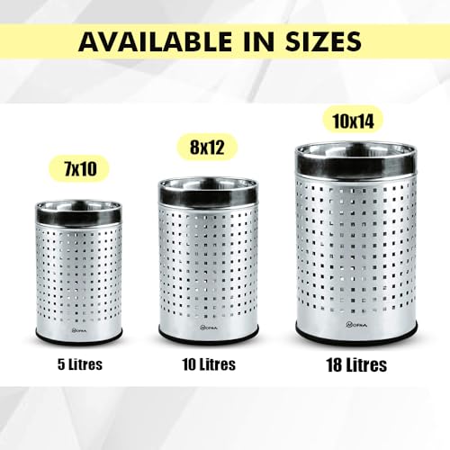 Image of mofna Stainless Steel Square Perforated Dustbin, Garbage Bin Paper Bin For Home, Bedroom, washrooms, Office, Kitchen, Bathroom (10 inchx14 inch inch - 18-Liter (Silver)