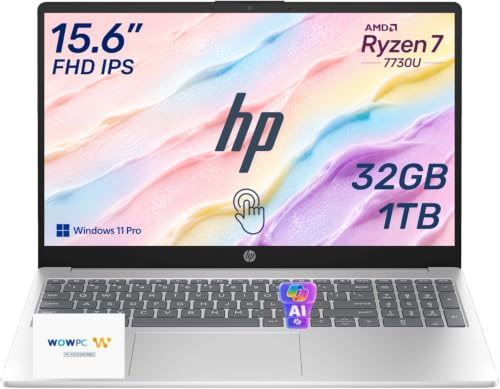 Image of HP 2026 Edition Business Laptop, 15.6 inch FHD IPS Touchscreen, AMD Ryzen 7 7730U 8-Core 16-Thread Processor for Multitasking, 32GB RAM, 1TB SSD, Numeric Keypad, Camera Privacy Shutter, Windows 11