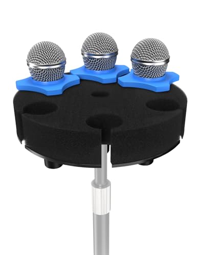 Etour 6-Slot Multi Microphone Holder for Mic Stand, Alloy Base & Anti-Roll Rings, Compatible with 5/8", 3/8" and 1/4" Threaded Stand, Wired & Wireles Mics Organizer and Display for Studio and Stage