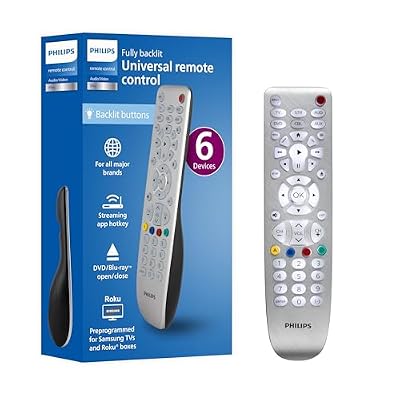 Backlit Universal Remote Control by Philips, Works for Samsung, Vizio, TCL, HiSense, Sony, RCA, Panasonic, Roku, Apple TV, Smart TVs, Streaming Players, Blu-Ray, DVD, 6-Device, Silver, SRP3016S/27
