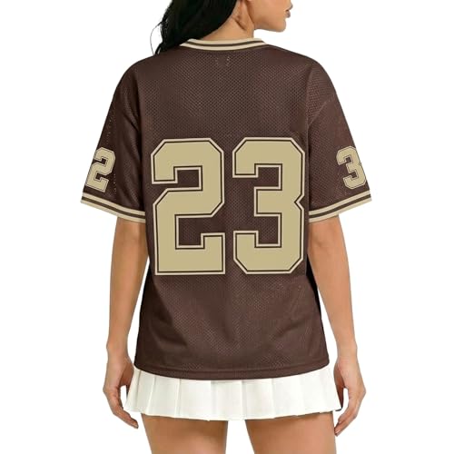 Image of Oversize Shirt Women's Y2K Oversized Number Print T-Shirt V-Neck T-Shirts Basketball Fan Shirt Short Sleeve Jersey Vintage 90s Tops Patchwork Top Aesthetic Streetwear, brown, XL