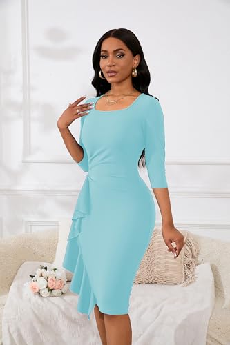 Image of Womens 1950s Vintage Bodycon Dress 3 /4 Sleeve Square Neck Cocktail Pencil Sheath Midi Dress Elegant