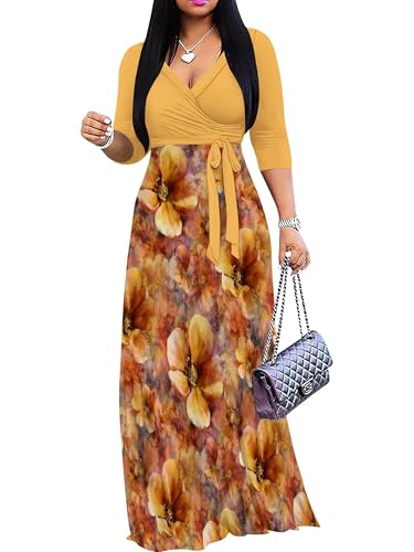 Image of Plus Size Maxi Dress for Women V Neck 3 /4 Sleeve Wrap Dress
