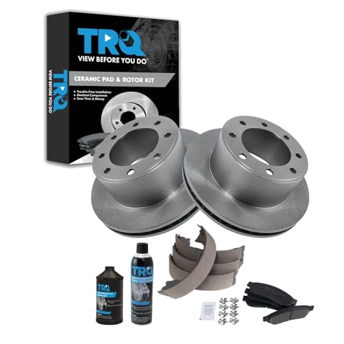 Image of TRQ Rear Brake Pad & Rotor Kit, with Chemical Kit Parking Brake Shoe Set Ceramic Compatible with 2011-2012 Ford F-250 Super Duty F-350 Super Duty