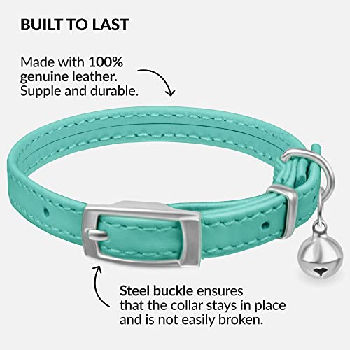 Collardirect Leather Cat Collar With Elastic Safety Strap And Bell For Boy, Girl, Kitten (Neck Fit 9"-11", Mint Green) #TOP1