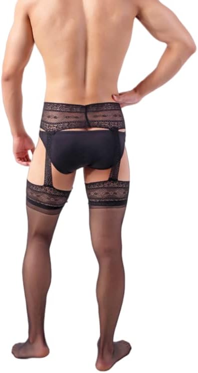 Manguo Mens Lace Tights Fishnet Thigh High Suspender Stockings Pantyhose for Men - Image 2