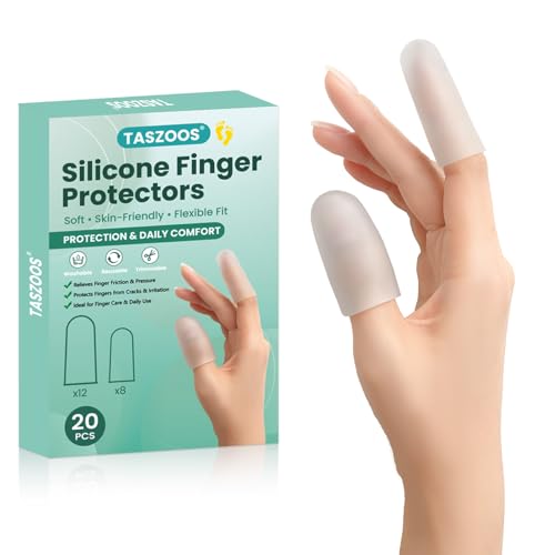 TASZOOS Gel Finger Cots & Finger Sleeves 20 Pcs Silicone Finger Protectors for Fingertip & Thumb Support Reusable Rubber Tips for Trigger Finger Arthritis Blisters & Pain Relief