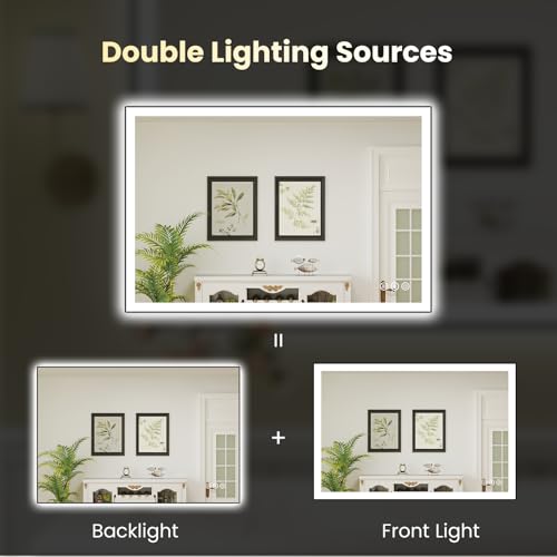 Image of WTTY 40 inchX30 inch LED Bathroom Mirror with Black Frame, Bathroom Vanity Mirror with Lights for Wall, Front Light and Backlit, Anti-Fog, Dimmable, 3 Colors, Shatterproof, Memory, Horizontal /Vertical