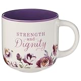 Christian Art Gifts Large Inspirational Ceramic Coffee & Tea Mug for Women: Strength & Dignity Encouraging Bible Verse, Cute Non-toxic Lead-free Novelty Beverage Cup, White & Purple Floral, 14 oz.
