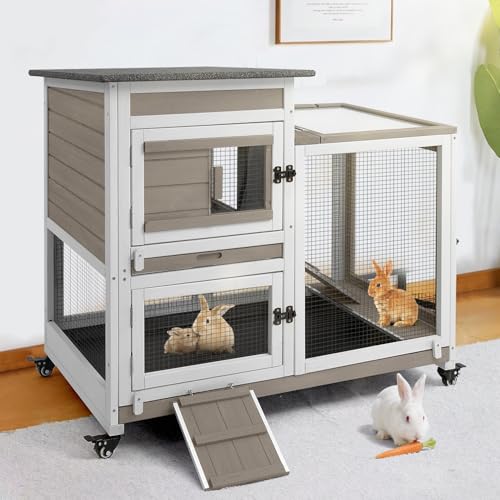 2 Story Rabbit Hutch Indoor with 2 Deeper Pull-Out Trays,