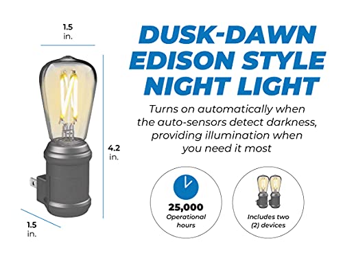 Westek Led Vintage Night Light (Nickel), 2 Pack - Edison-Style Plug In Wall Night Light, Dusk To Dawn - Old-Fashioned Design, Decorative Night Lights - Plastic Casing, 8 Lumens #TOP6