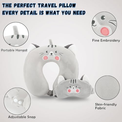 Image of Travel Pillow, Kids Travel Pillow with Sleep Eye Mask Soft Memory Foam Kids Neck Pillow for Boys & Girls, Travel Accessories for Car Airplane Traveling - Grey Cat
