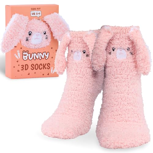 POPCRAZE Unisex Fuzzy Bunny Socks Soft Plush Cozy Rabbit Socks Mothers Day Gift Idea One Size (US 59) Pink 1 Pair