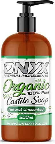 Onyx Organic Castile Liquid Soap, 100% Pure & Natural, Vegan, SLS and SLES Free (500ml with Pump (Unscented))