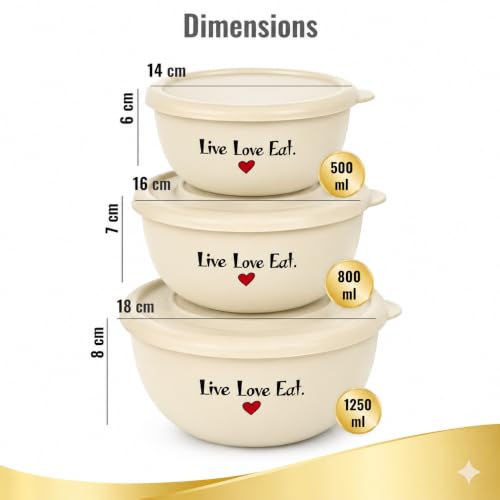 Image of Microwave Safe Stainless Steel Mixing Bowl Set with Lids - Set of 3 (500ml, 750ml, 1250ml) - Euro Style Food Storage Containers - (Classic LLE)