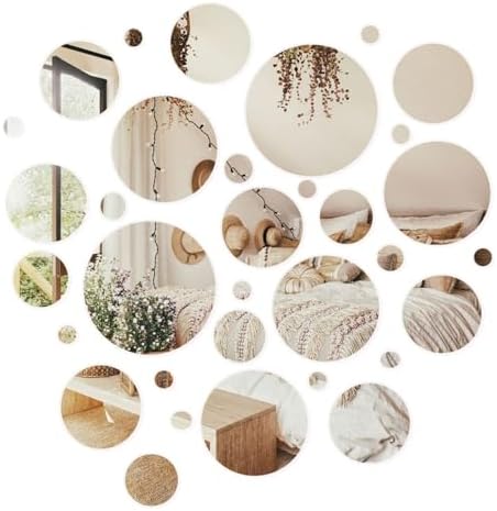 33 Pcs Acrylic Round Mirrors, Circle Mirror Tiles Self Adhesive M...