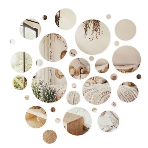 CEUQIESO 32 Pcs Acrylic Round Mirrors, Circle Mirror Tiles Self Adhesive Mirror Stickers for Wall Home Living Room Bedroom Decor, Removable Small Decorative Mirrors for Crafts, Wall Decor (Medium)