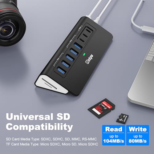 Image of Powered USB Hub 10Gbps, Intpw YH6AC Plus 10 Port USB 3.2 Hub(USB A /USB C 3.2+3 USB-A 3.0+2 PD 45W Fast Charging Port+SD /TF Card Reader), 65W Power Adapter,Aluminum USB HUB for PC,Laptop,iPhone 17 /16