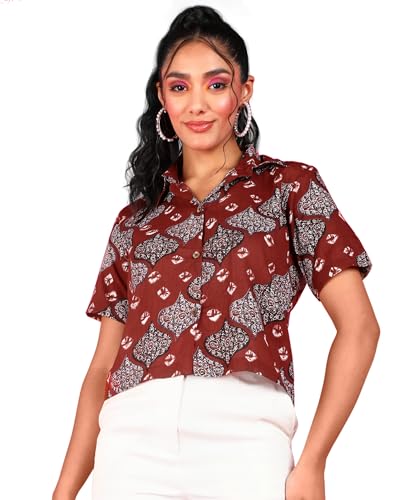 Image of POPWINGS Ethnic Printed Cotton Half Sleeves Regular Fit Crop Shirts for Women Stylish Western Casual Wear