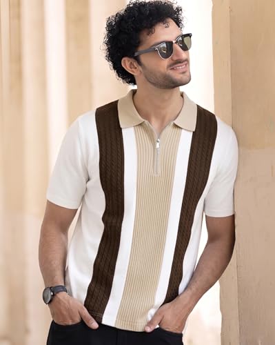 Image of AUSK Men's Zip Collar Polo Tshirt | Cotton Rich Material | Half Sleeves | Modern Knit Panel Work | Regular Fit