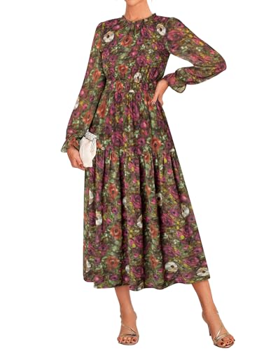 Damen Blumenkleid Rundhals Langarm A-Linie Chiffon Hochzeitsgast Maxi Kleid CL0211-03/Rosa-Orange-Weiße Blüte M