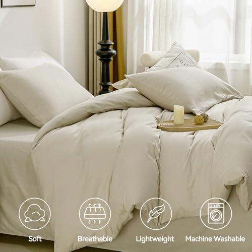 Image of JELLYMONI Cotton Duvet Cover Full Size - 100% Washed Cotton Linen Like Textured Comforter Cover, 3 Pieces Lightweight Soft Bedding Set with Zipper Closure (Light Khaki, Full 80 inchx90 inch)