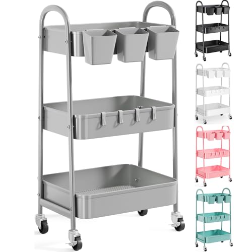 Image of 3 Tier Gray Metal Rolling Cart, Mesh Storage Cart with Handle and Lockable Wheels, Multifunctional Three Tiered Utility Organizer Carts for Kitchen, Office, Bathroom, Craft, Art, Snack, Baby Supplies
