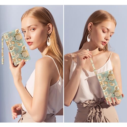 Image of Nipichsha Womens Wallet, RFID Wristlet Wallet for Women, Cute Ladies Purse, Large Credit Card Clutch Purse, Leather Card Holder Wallets with Zipper & Phone Holder, Blooming Flowers