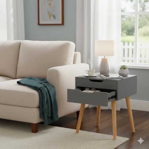 Image of Modern Bedside Table with Drawer & Wooden Legs | Compact Nightstand for Bedroom | Scandinavian Style Side Table with Storage for Home Living Room (Grey, 1 Drawer)