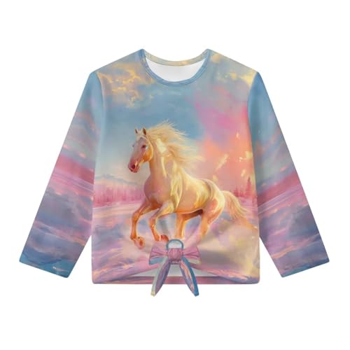 Long Sleeve Shirts for Girls 5-12 Crewneck Pullover Tie Knot Front T Shirts - Main Image