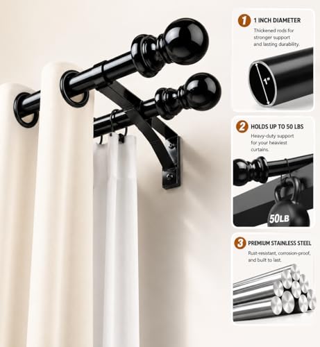 Double Curtain Rod 28-42 Inch, 1 Inch Heavy Duty Adjustable Drapery Rod Set with Brackets, Decorative Curtain Rod for Sheer,Blackout Curtains, for Kitchen Bedroom Living Room Windows -Black by CALCHELE - Image 3
