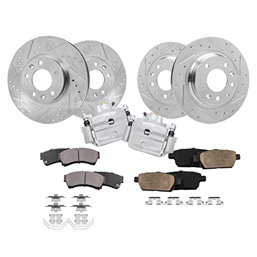 Image of Detroit Axle - Brake Kit for Ford Fusion Lincoln Zephyr Mazda 6 Mercury Milan, Front Brake Calipers, 11.77'' inch Front & 11.02'' inch Rear Drilled Slotted Brake Rotors Ceramic Brake Pads Replacement