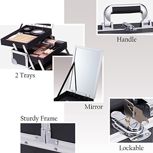 Frenessa Makeup Train Case Cosmetic Organizer Case Portable Makeup Box With Mirror 2 Trays Lockable Make Up Travel Storage Case For Makeup Artist, Nail Kits, Makeup Tools Makeup Case Modern Black #TOP5